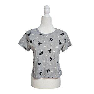 La Luna CATS gray crop top black cat short sleeve top shirt size L